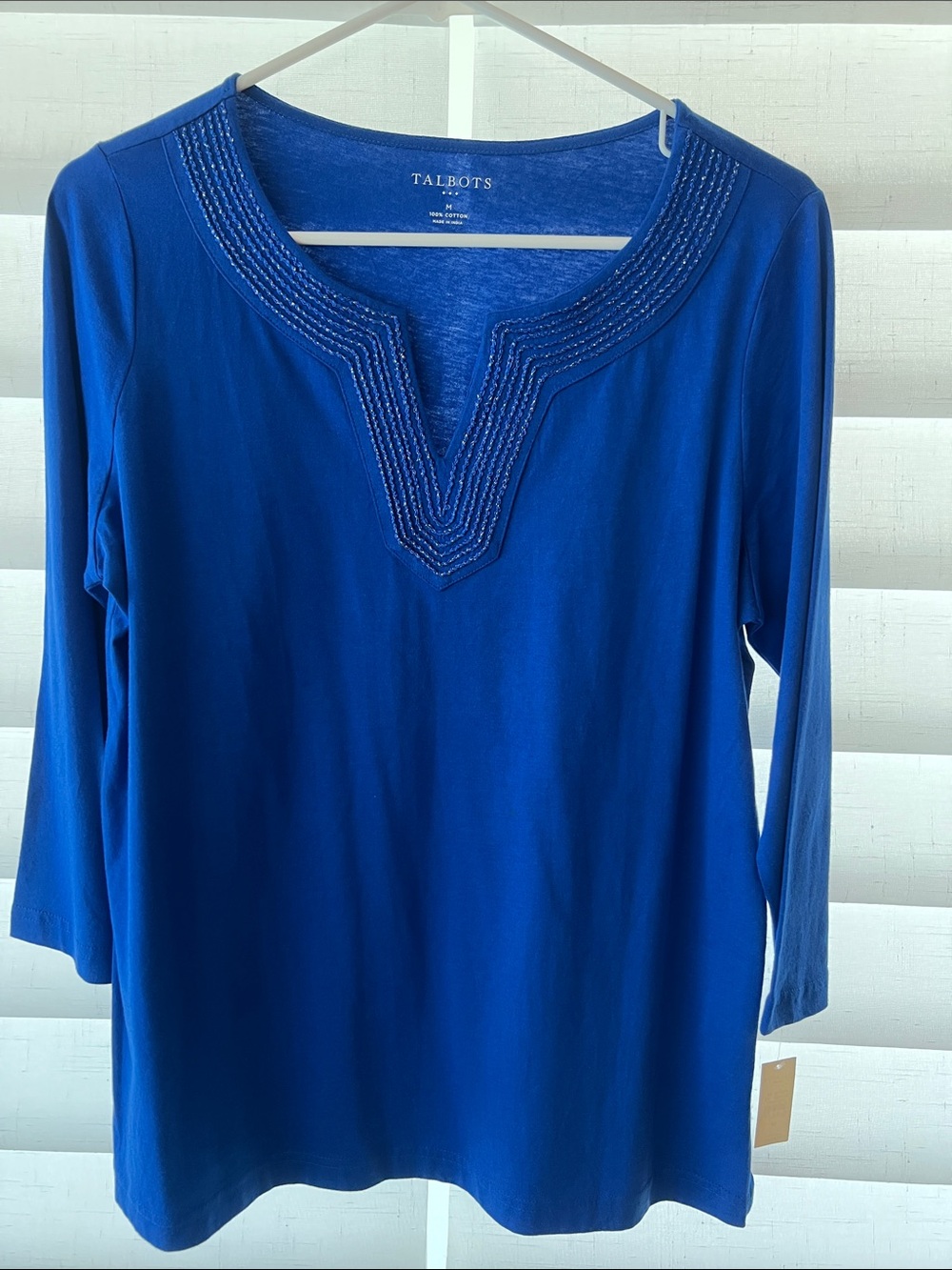NEW!  With tag.  Talbots Women's Cobalt Blue Beaded Split V-Neck Long Sleeve Top
